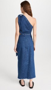 One-shoulder Tailored Waist Strap Slit Raw Hem Denim Midi Dress