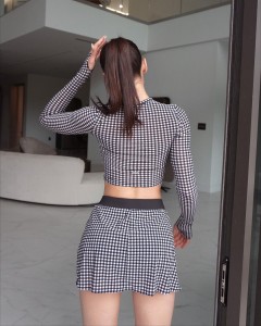 ODM/OEM Long Sleeve Top & Slit Mini Skirt 2 Piece Plaid Set