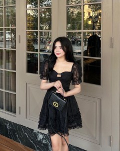 Custom black lace hollow out ruffle sexy mini dress