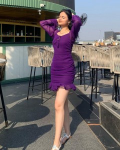 ODM tie front ruched hem bodycon purple mini dress