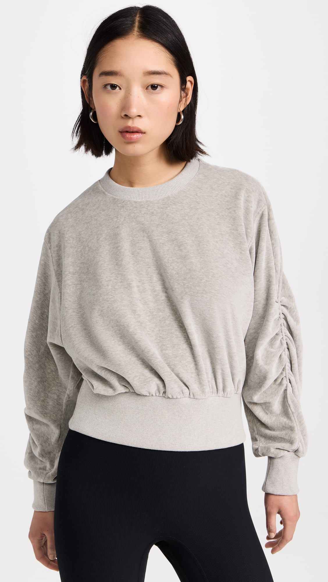 Factory made Gray pleated high waist round neck casual solid color top