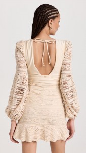 Long sleeves crochet hollow deep v-neck mini dress