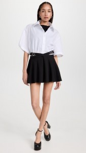 OEM Simple casual pleated black belt mini skirt