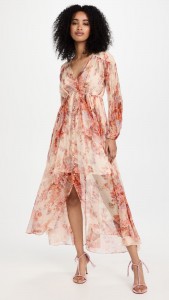 Stylish elegant floral print V-neck lantern sleeves midi dress