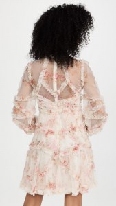 Floral style elegant mesh long sleeve ruffle a-line dress