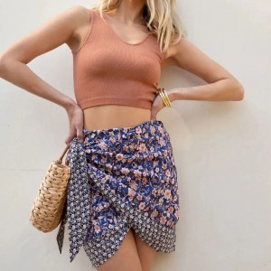 Women custom tie side floral print double layer sexy mini skirt