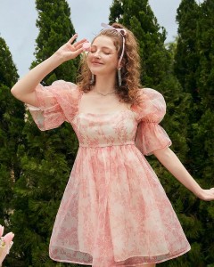 Factory made sweet floral short puff sleeves chiffon mini dress