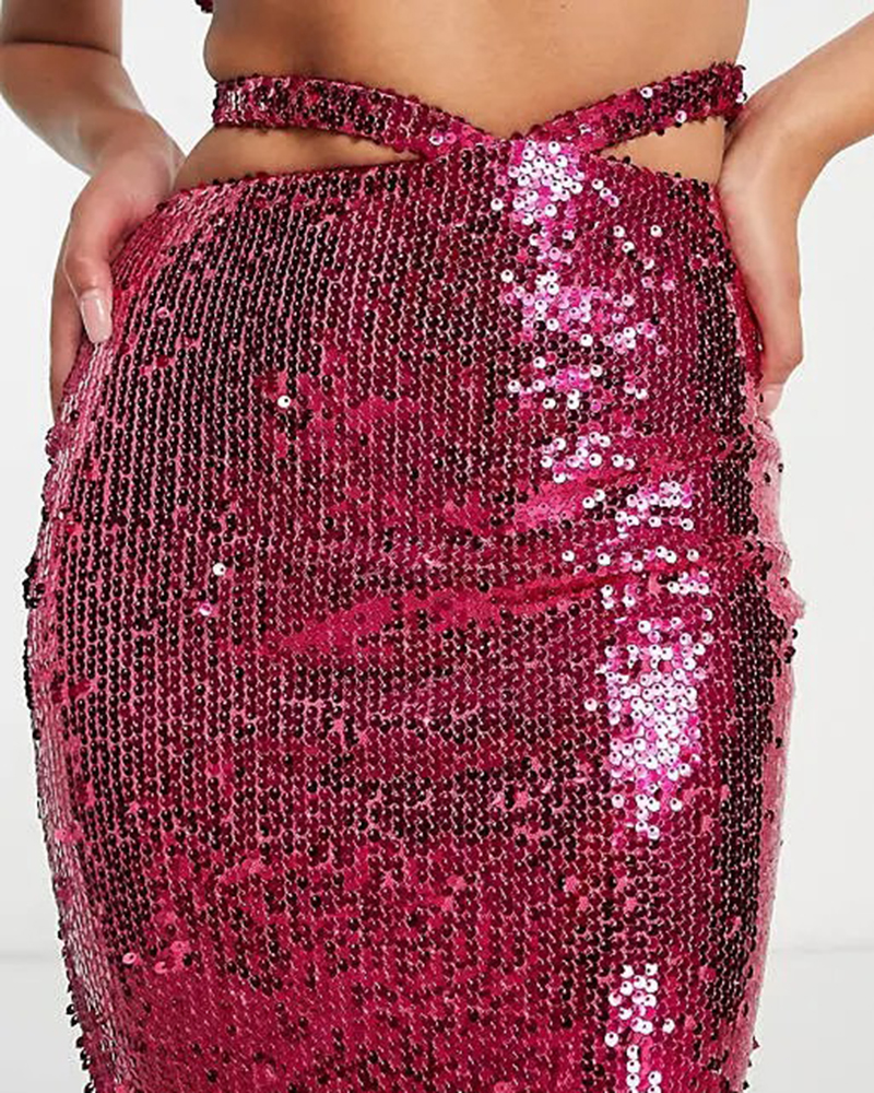 Women custom sequin crop top long skirt fashionable sets