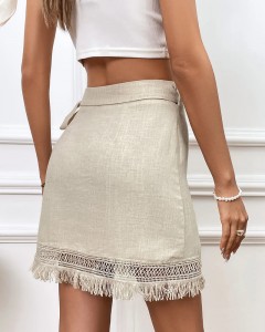ODM high waist fringe trim wrap knot side mini skirt
