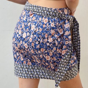 Women custom tie side floral print double layer sexy mini skirt