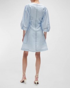 Lattice Embroidered 3/4-Sleeve Linen Mini Dress