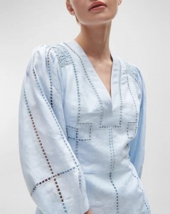 Lattice Embroidered 3/4-Sleeve Linen Mini Dress