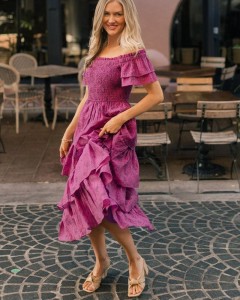 OEM off shoulder floral ruffle A line purple mini dress
