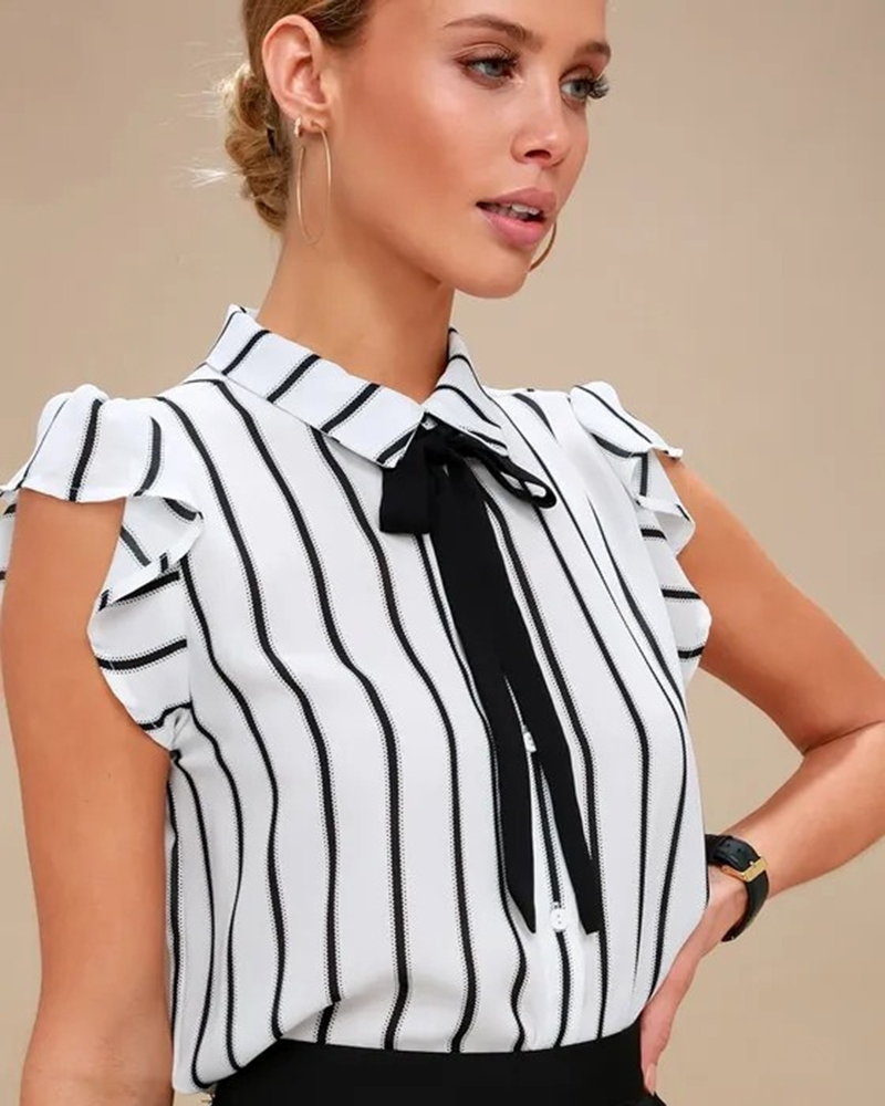 ODM sparkling girl clothing black and white striped tie-neck top