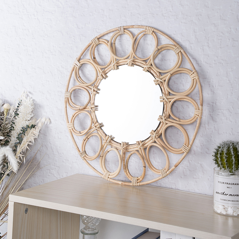 Rattan Mirror Wall Makeup Mirror Sunflower Frame Natural Mirror Country Style Wall Mount Round Mirror for Living Room Bedroom Featured Image