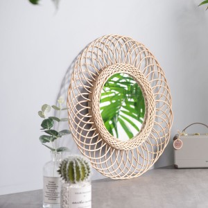 Rose Rattan Wall Mirror Round Flower Hanging Boho Willow Wicker Weave Frame Deco,40-50cm,15.7-19.7 Inch
