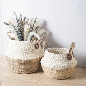 Seagrass basket with handles,set of 3.Woven Storage basket.Natural corn and Straw Flower Pots