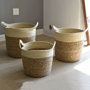 Straw and paper Basket with two handles Set of 3