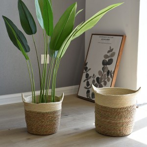 Straw and paper Basket with two handles Set of 3