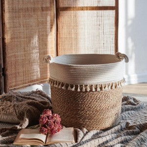 Big Cotton Rope Baskets with Handles and Water Hyacinth Accent Includes 3 Sizes