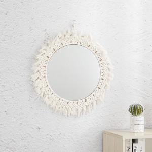 Handmade Macrame Wall Mirror Round Bohemian Beige Cotton Rope Woven Home Decor