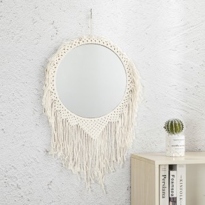 Handmade Macrame Wall Mirror Round Bohemian Beige Cotton Rope Woven Home Decor