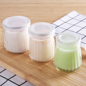 Hot sale vertical grain Pudding Bottle yogurt Glass bottle with lid