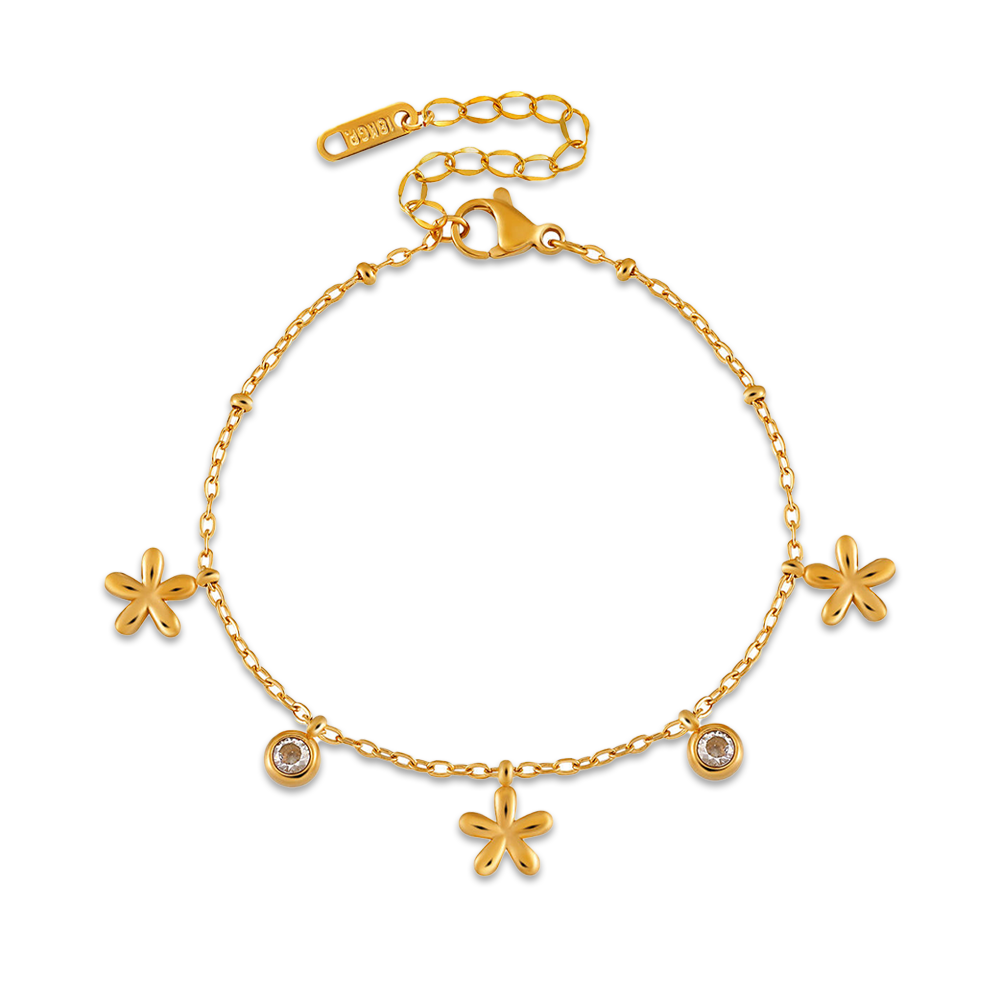 18K Gold Dainty Flower CZ Stainless Steel Bracelet Waterproof Women Daily Jewelry