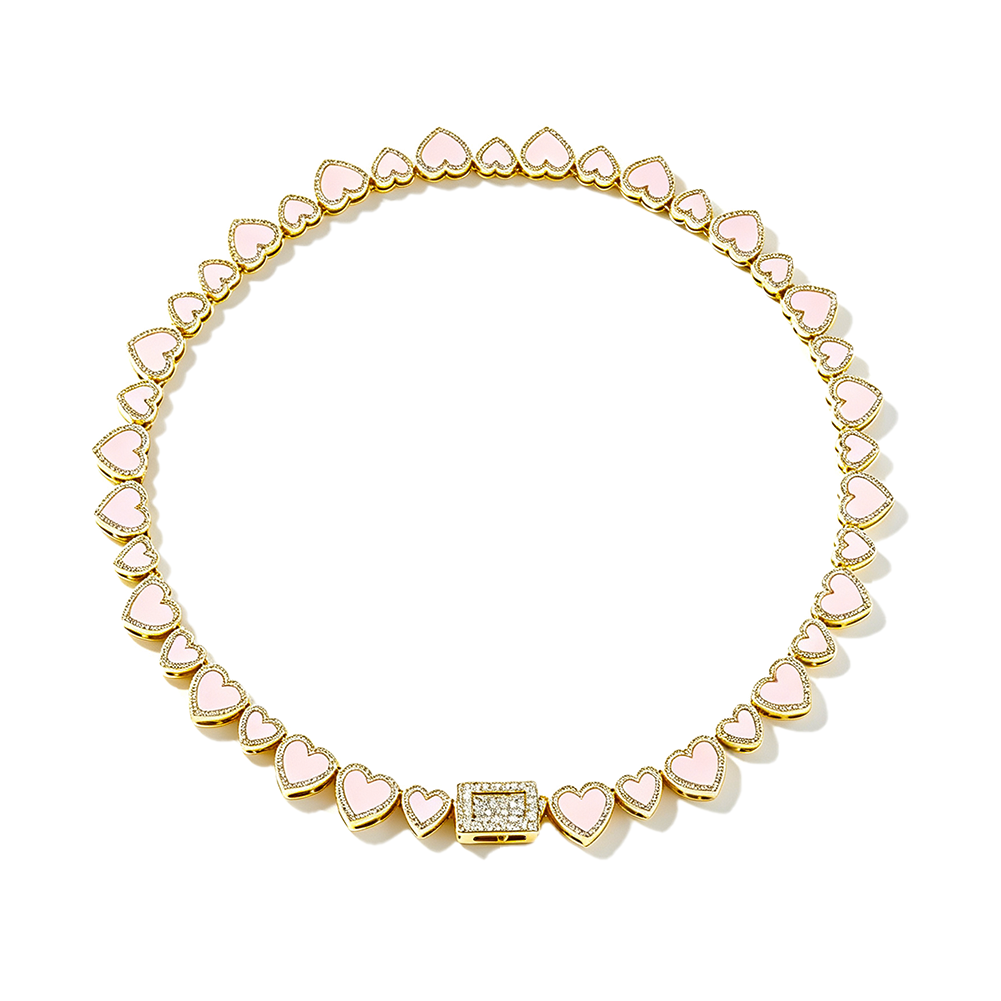 Pink Enamel Heart Tennis Necklace Stainless Steel Gold CZ Love Choker Women Jewelry Gift Featured Image