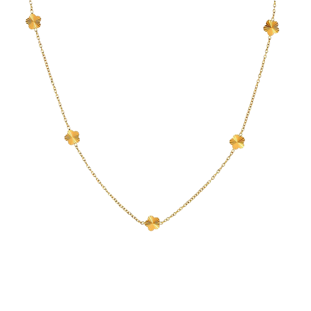 Gold Five Petal Flower Station Necklace Stainless Steel Minimalist Women Neck Jewelry