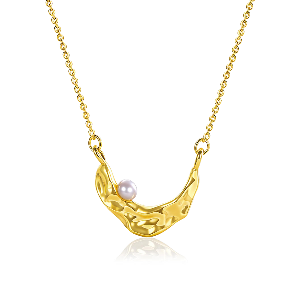 Minimalist Hammered Moon Pearl Gold Necklace Women Dainty Choker Jewelry Featured Image
