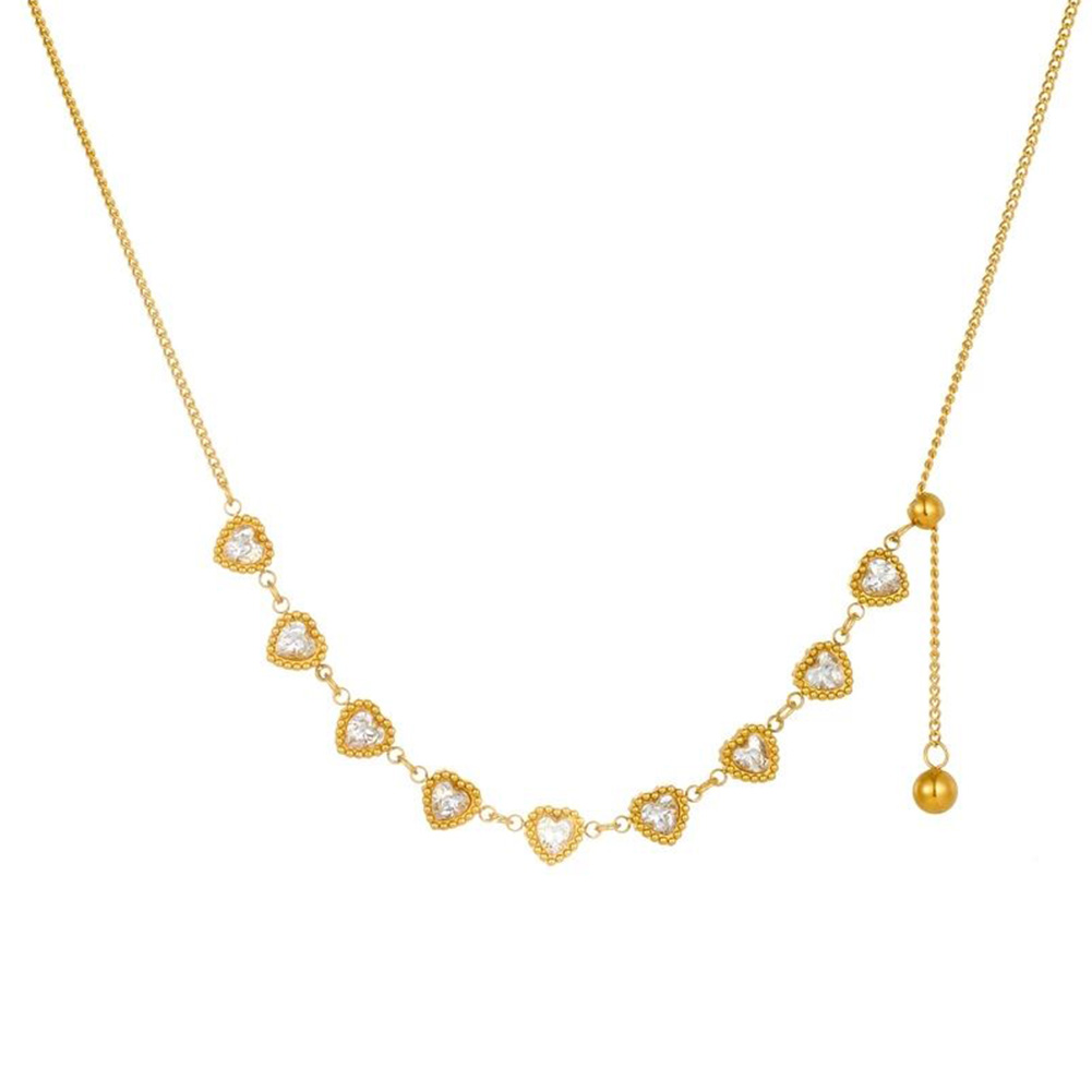 Gold Heart Zircon Lariat Necklace – Adjustable Stainless Steel Pendant for Women