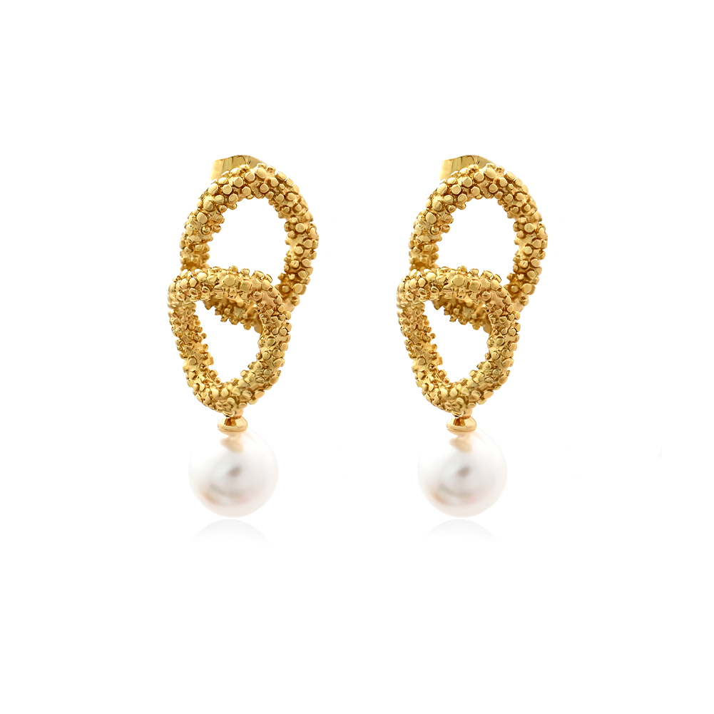 Luxury Gold Plated Double Loop Pearl Drop Earrings for Women
