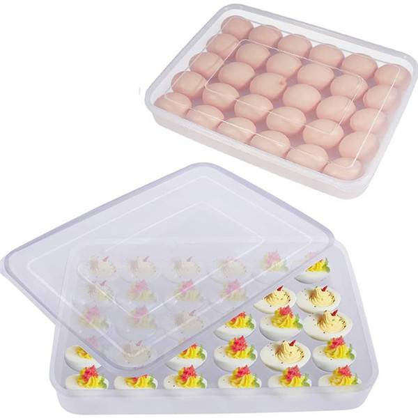 77L egg container, egg rack with lid, suitable for 30 eggs 0494   Each egg tray can hold up to 30 eggs. Keep the egg fresh and prevent it from being crushed or crushed.  Very suitable for normal or medium-sized eggs. Large eggs are easy to crush.  The egg box can use multiple piles or stack additional food on the lid, neat and space saving. The transparent box makes it easy to check the number of eggs.  Avoid loose or messy cartons with eggs. Suitable for refrigerators, cabinets, camping and picnics, etc.  Made of PP plastic, it is recommended to wash by hand with mild detergent. Do not use the dishwasher.