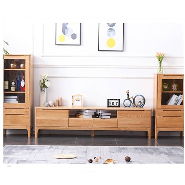 Solid wood TV cabinet with high and low side cabinets