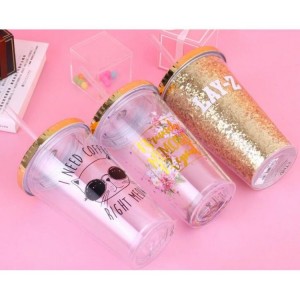 Custom 450ML Reusable Travel Ice Coffee Mug Double wall Tumbler Insulated clear plastic cup Straw and lid
