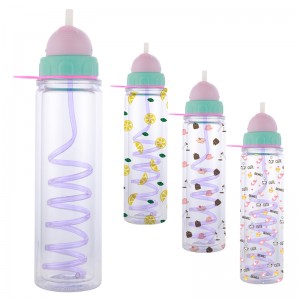 GRS Unique Design Hot Sale RPET Sport Water Bottle Plastic Kids Straw Plastic Recycled Material ដបទឹក