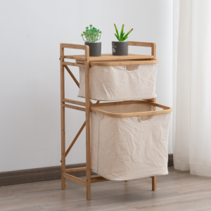 Baskete ea polokelo ea Bamboo Wooden 2-Layer Multifunction Laundry Hamper Sorter Clothes Storage Basket