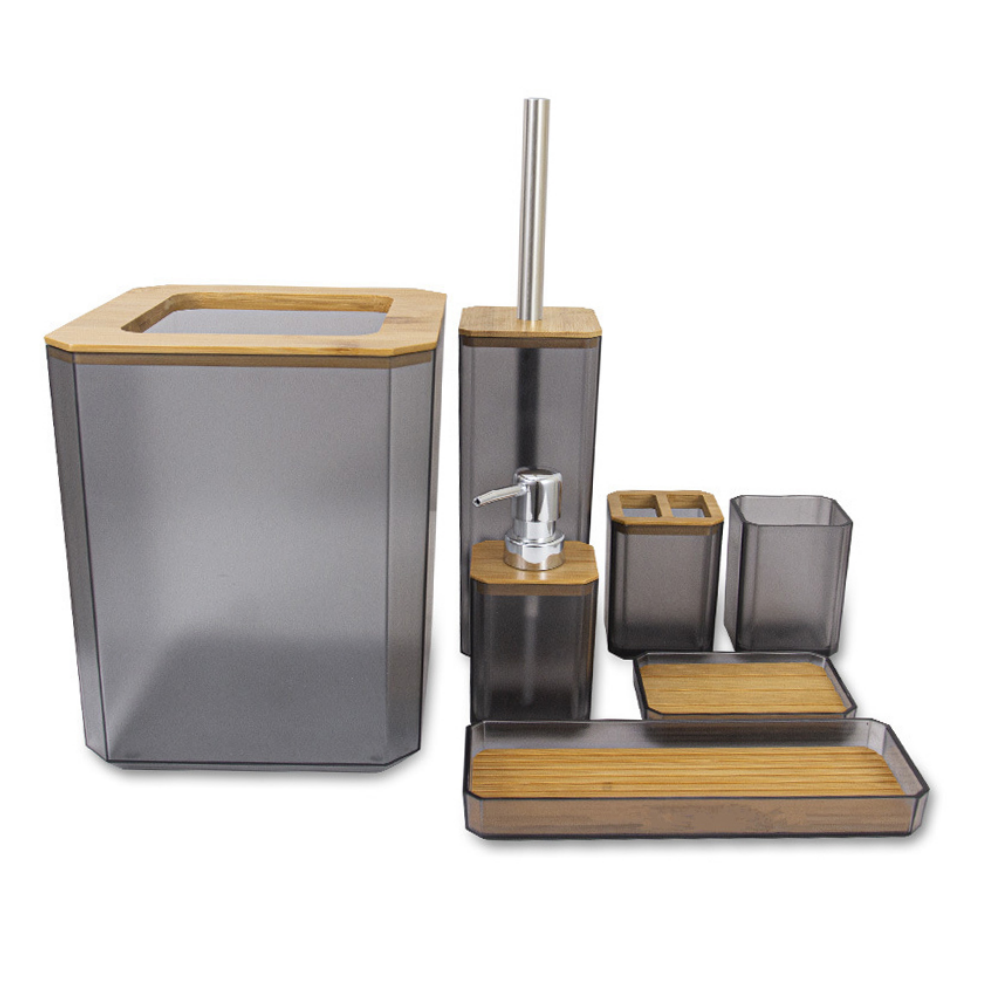 Bamboo Bathroom Accessories Set with Bamboo Trash Can