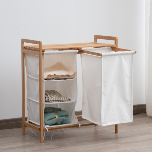 Bamboo Double Laundry Basket Hamper With Top Shelf And 2 Removable Bags