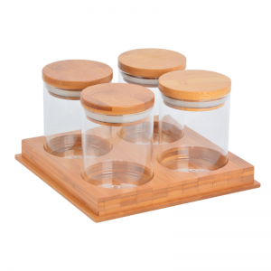 Contenedor de almacenamiento de condimentos de vidrio de bambú con soporte de bambú