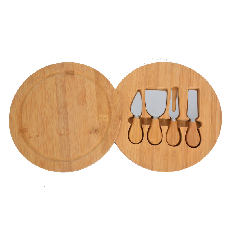 Bamboo Round Cheese Board Set With 4 Knives