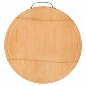 Planche à découper ronde en bambou avec poignée et bord en métal