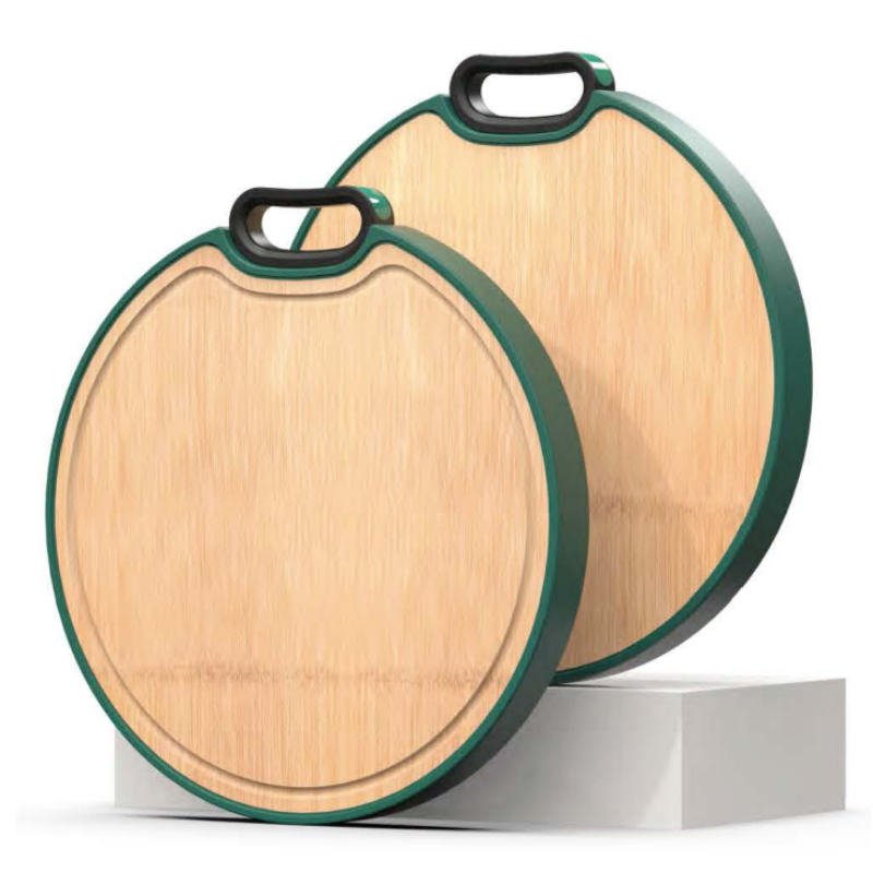 Planche à découper ronde en bambou à bords verts avec poignée