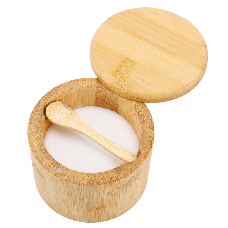 Bamboo Salt Cellar With Built-in Spoon & Magnetic Swivel Lid