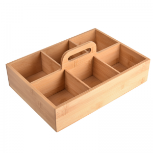 Bamboo Tea Box Storage Organizer With 6 Compartments & A Handle