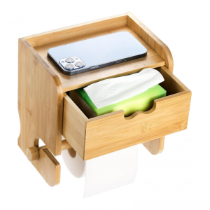 Bamboo Tissue Roll Holder With Storage Drawer Box