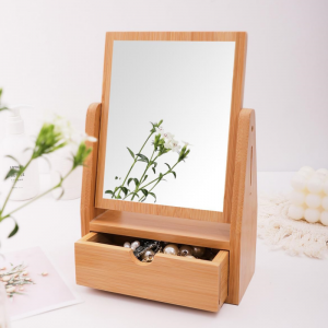 Espelho de maquiagem de bambu com caixa de armazenamento