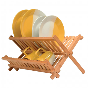 Estante organizador de pratos plegable de madeira de bambú para cociña