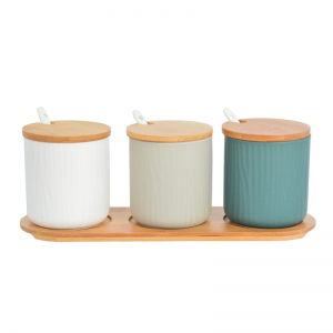 Set di vasetti di condimenti in forma di cerchi in ceramica cù coperchio è cucchiara di bambù
